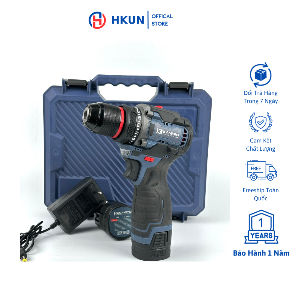 Máy khoan pin Kampro 18V đầu kẹp Autolook 10mm động cơ không chổi than