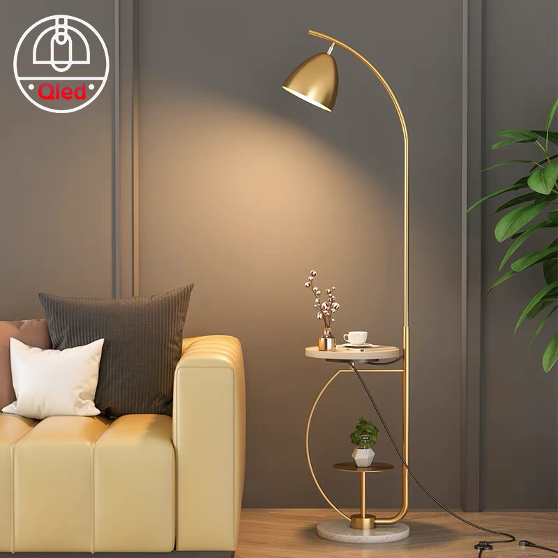 Đèn cây đứng Qled Đồng cao cấp đế bát đá tự nhiên ( Tặng kèm bóng Led as vàng ấm)