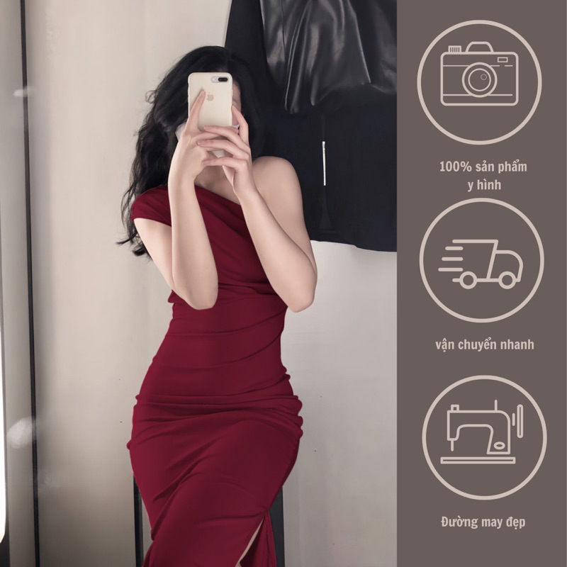GINKO CLOTHING - Váy Nữ Thần ôm body lệch vai đuôi cá chất liệu thun tăm mịn cao cấp_VGC2322