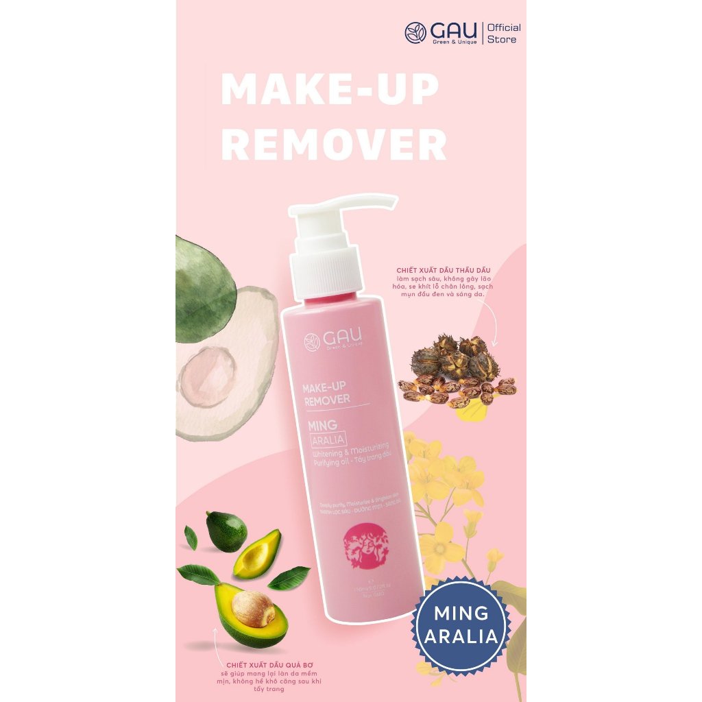 Dầu Tẩy Trang Tự nhiên Nhân Sâm Đinh Lăng GAU Sạch Sâu Bay Makeup Chống lão hoá Trắng Mịn da 150ml