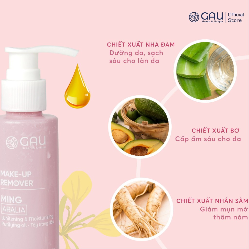 Dầu Tẩy Trang Tự nhiên Nhân Sâm Đinh Lăng GAU Sạch Sâu Bay Makeup Chống lão hoá Trắng Mịn da 150ml