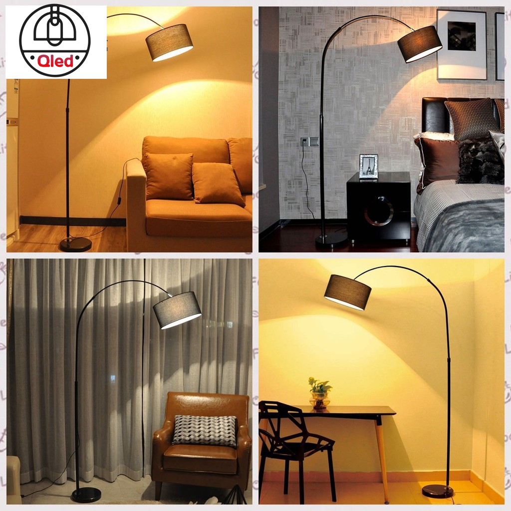 Đèn cây đứng Qled chao lụa đế đá tự nhiên cao cấp (Tặng bóng)