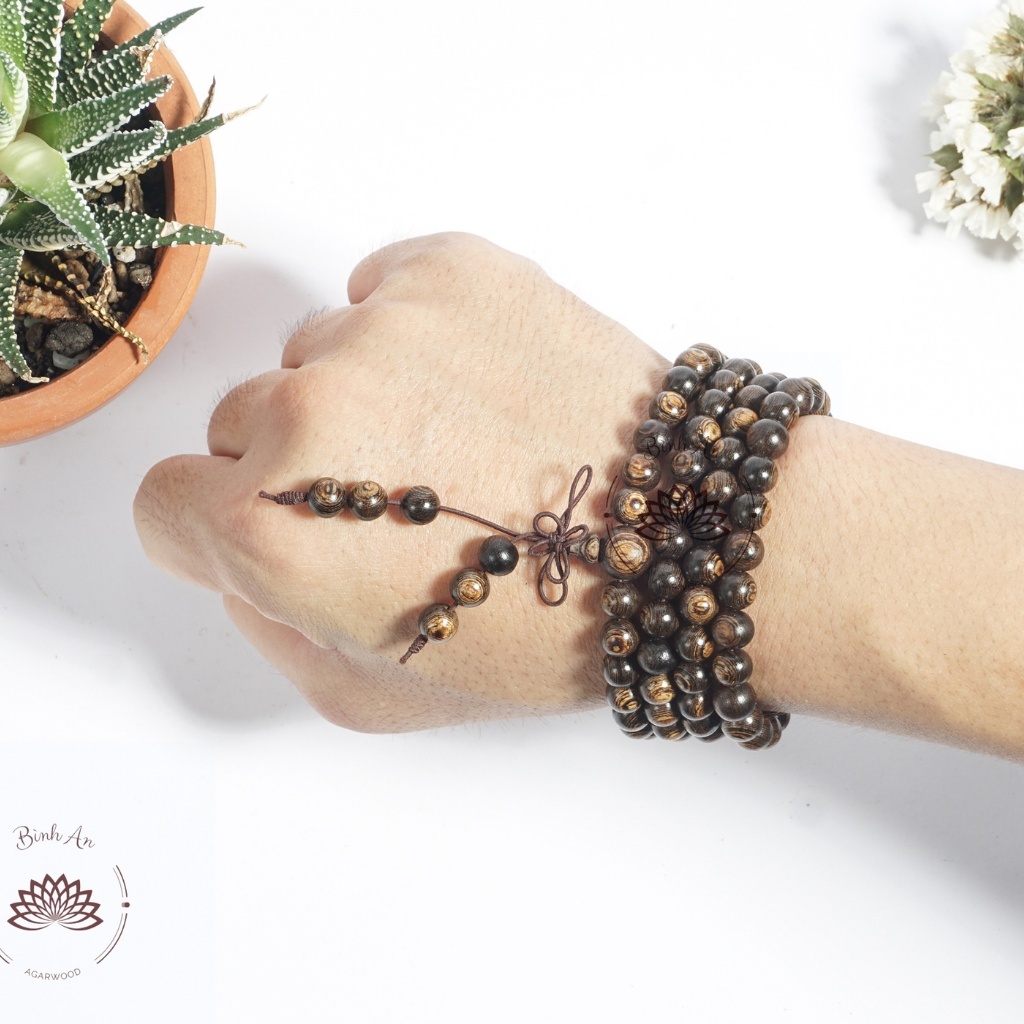 Vòng Tay 108 Hạt Trầm Hương nữ Sánh Chìm Mix sen đá thạch anh đỏ- Chuỗi Tràng Hạt - Size 6mm-Trầm Hương Bình An