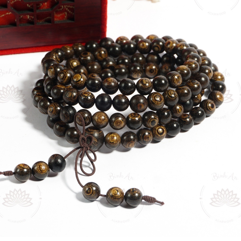 Vòng Tay 108 Hạt Trầm Hương nữ Sánh Chìm Mix sen đá thạch anh đỏ- Chuỗi Tràng Hạt - Size 6mm-Trầm Hương Bình An