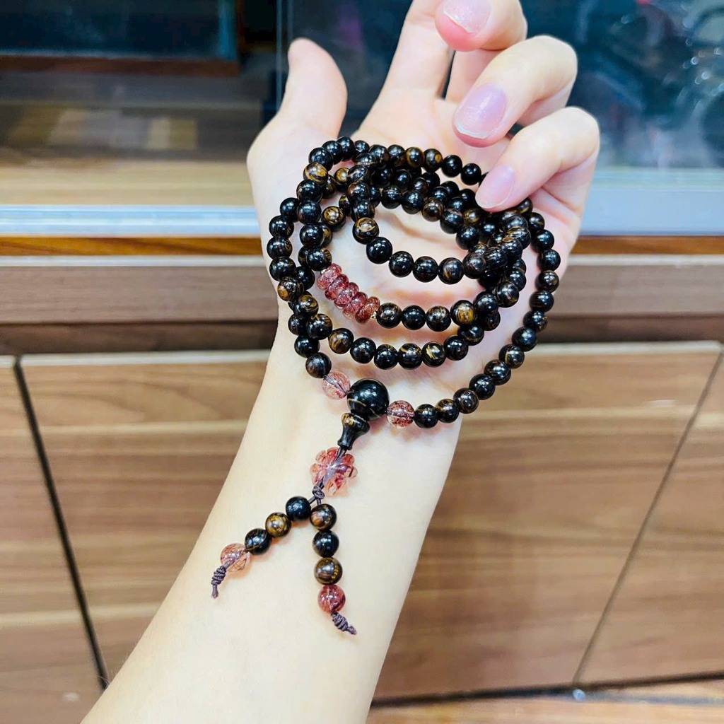Vòng Tay 108 Hạt Trầm Hương nữ Sánh Chìm Mix sen đá thạch anh đỏ- Chuỗi Tràng Hạt - Size 6mm-Trầm Hương Bình An