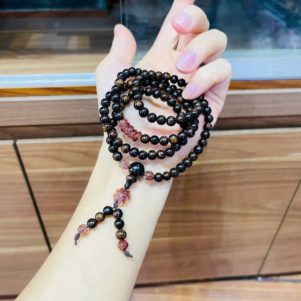 Vòng Tay 108 Hạt Trầm Hương nữ Sánh Chìm Mix sen đá thạch anh đỏ- Chuỗi Tràng Hạt - Size 6mm-Trầm Hương Bình An