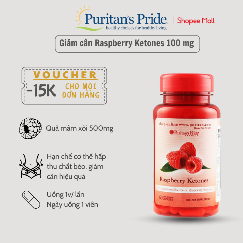 Hỗ trợ giảm cân đẹp dáng, giảm lượng cholesterol trong máu Raspberry Ketones 100mg 120 viên Puritan’s Pride của Mỹ