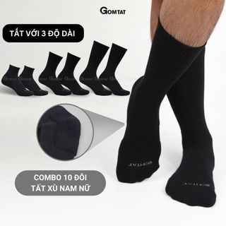 Combo 10 đôi vớ nam nữ màu đen GOMTAT, chất liệu cotton cao cấp, thoáng mát, có lớp xù êm chân - STA-5009-CB10
