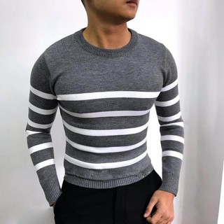 Áo len nam cổ tròn Kẻ ngang Hàn Quốc ABABA Tay dài Ôm body Len dày dặn Nhiều Màu ABABA Tronkecanguoi-m9