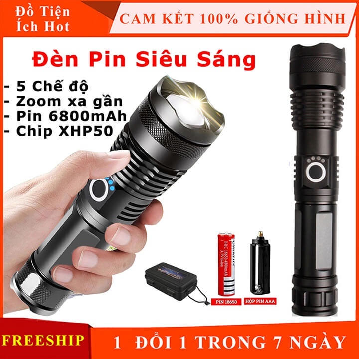 Đèn Pin XHP50 Siêu Sáng Cầm Tay Pin Trâu - Đèn siêu sáng mini, vỏ kim loại chống nước bền bỉ