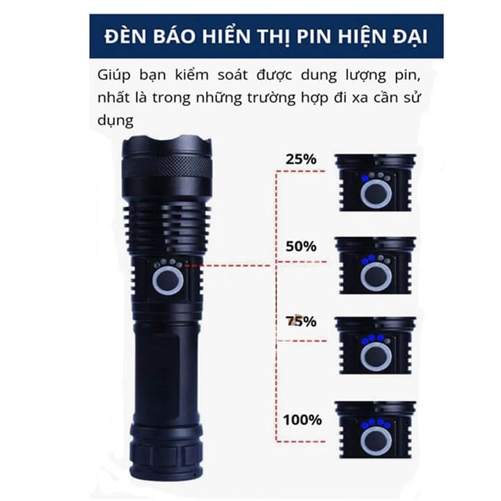 Đèn Pin XHP50 Siêu Sáng Cầm Tay Pin Trâu - Đèn siêu sáng mini, vỏ kim loại chống nước bền bỉ