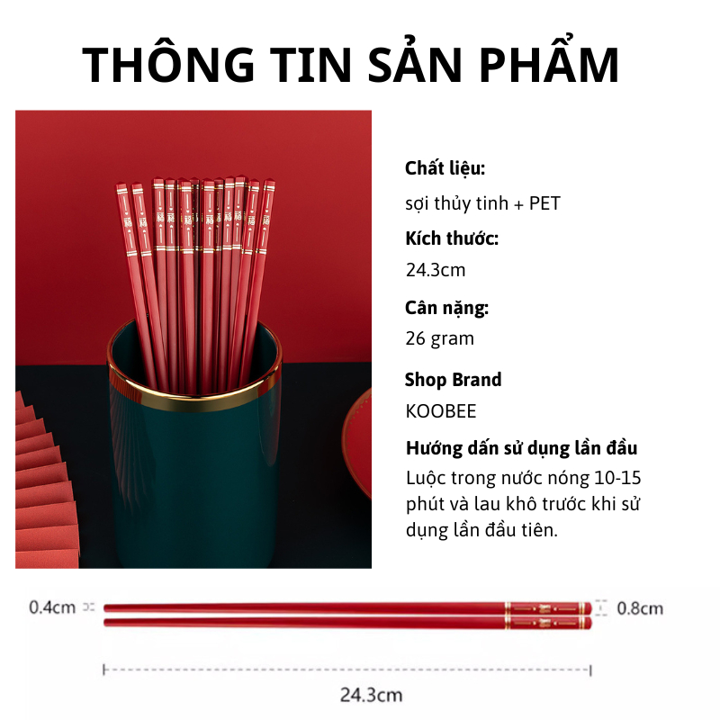 [10 ĐÔI] Đũa Màu Đỏ Mạ Vàng Kháng Khuẩn Cao Cấp – Đũa Ăn Cơm Sợi Thủy Tinh Chịu Nhiệt Cho Gia Đình, Đám Cưới, Hỷ Sự