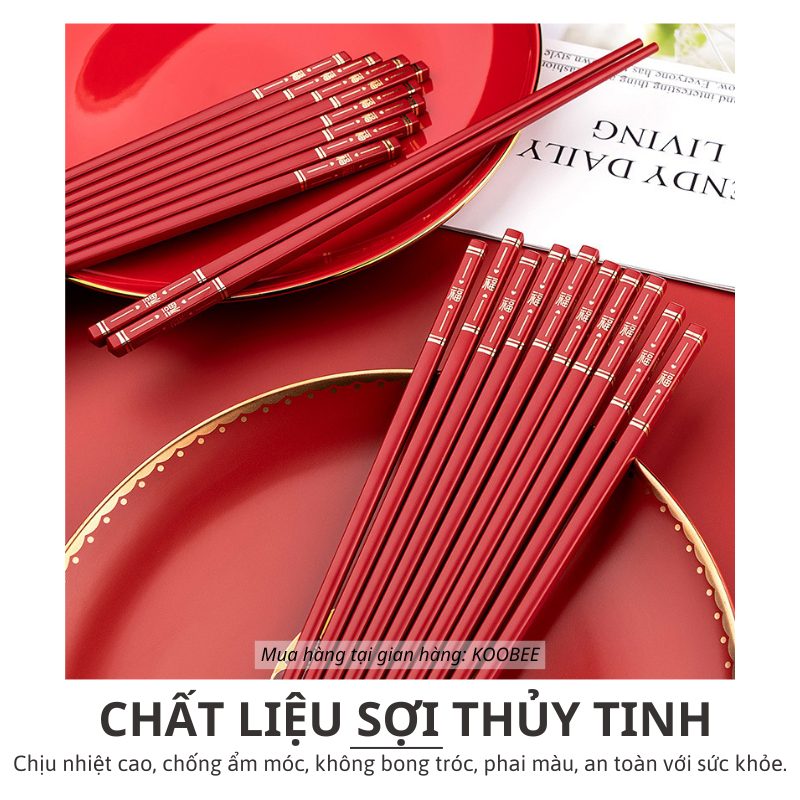 [10 ĐÔI] Đũa Màu Đỏ Mạ Vàng Kháng Khuẩn Cao Cấp – Đũa Ăn Cơm Sợi Thủy Tinh Chịu Nhiệt Cho Gia Đình, Đám Cưới, Hỷ Sự