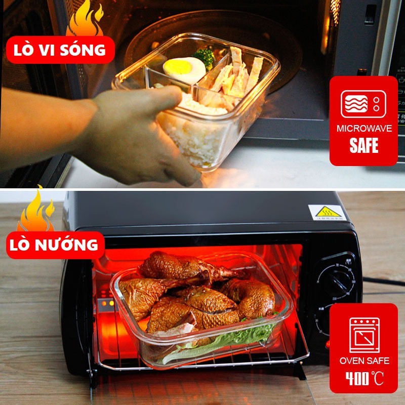 Ảnh YEAHCOOK Hộp cơm văn phòng bằng thủy tinh chia ngăn chống tràn dùng được trong lò vi sóng 3