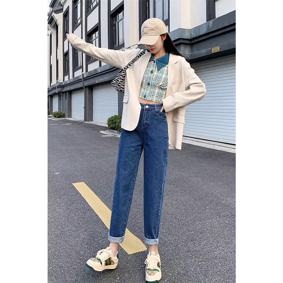 Quần Jean Nữ Cạp Cao Ống Suông nhẹ HAZEE – Cạp khóa + Lưng chun Tôn Dáng, Co Giãn, Style Hàn Quốc