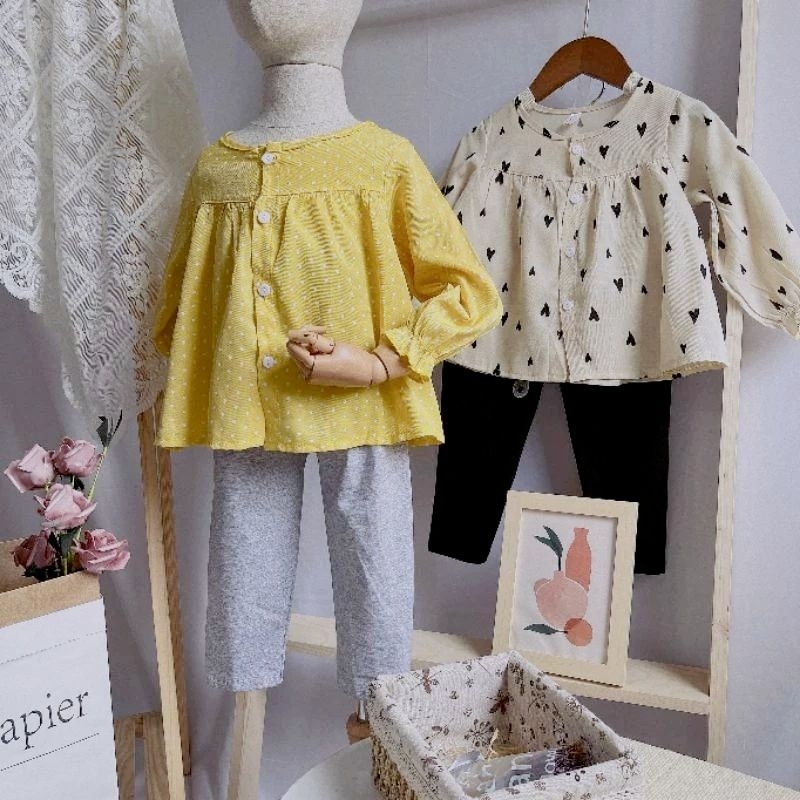 XẢ KHO Bộ Đồ Bé Gái 1-6T Dài Tay chống muỗi Màu Vàng Chấm Bi  Áo Tay Dài Đũi Lụa, Quần Legging Cotton mềm mịn chất đẹp