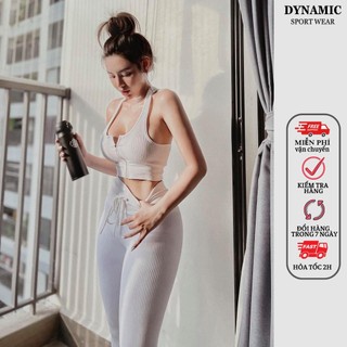 Set gồm quần dài và bra thể thao nữ, vải có gân co giãn, có khóa kéo trước ngực, dệt kim từ sợi tổng hợp QDBR-BIKER