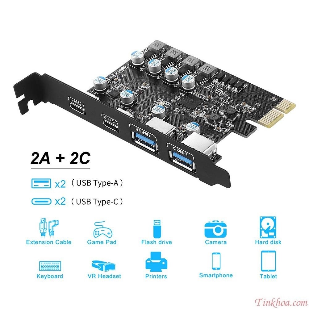 (Hỏa Tốc HCM) Card chuyển đổI PCIE 1X ra 2 cổng USB Type C và 2 Cổng ...