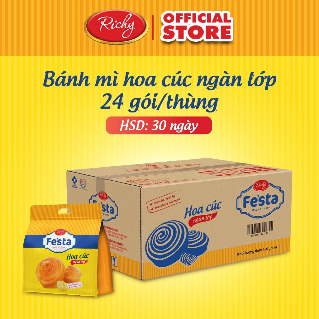 [ TẶNG QUẠT ĐƠN TỪ 250K] Thùng bánh mì hoa cúc ngàn lớp Festa Richy, HSD 35 ngày, Khách cân nhắc khi đặt SL lớn