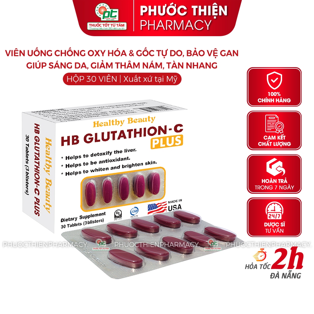 hb glutathione c plus Viên uống HB Glutathione C Plus Trắng sáng da và Bổ gan, giải độc gan Hộp  30 viên