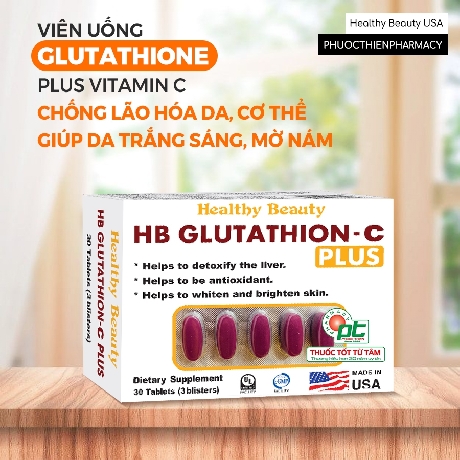 hb glutathione c plus Viên uống HB Glutathione C Plus Trắng sáng da và Bổ gan, giải độc gan Hộp  30 viên