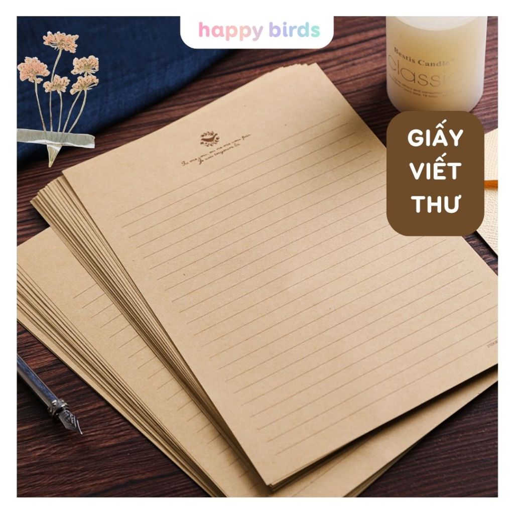 Giấy viết thư tập 5 tờ giấy vintage kraft viết thư làm thiệp handmade quà tặng combo HappyBirds