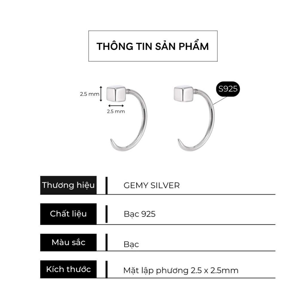 Khuyên tai nam bạc tròn mặt hình vuông móc cong unisex basic (1 chiếc) | GEMY SILVER KN61