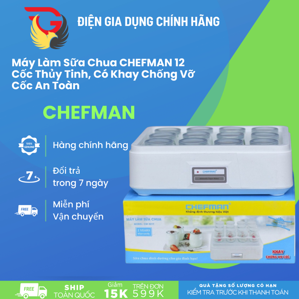 Máy Làm Sữa Chua CHEFMAN 12 Cốc Thủy Tinh, Có Khay Chống Vỡ Cốc An Toàn
