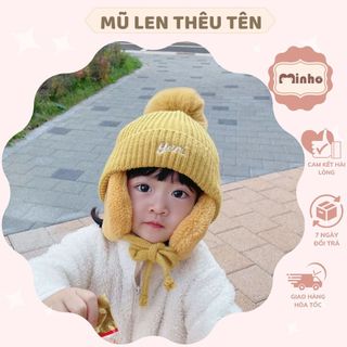 Mũ Len Bịt Tai THÊU TÊN Siêu ấm Cho Bé 2 đến 8 tuổi, Mũ Len dệt kim lót lông, bịt tai siêu ấm phcng cách Hàn Quốc