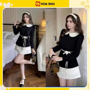 Set áo Cổ Sen Mix Chân Váy Chữ A Kèm Đai Tag Hoa Siêu Xinh, Set áo mix chân váy chữ A tiểu thư
