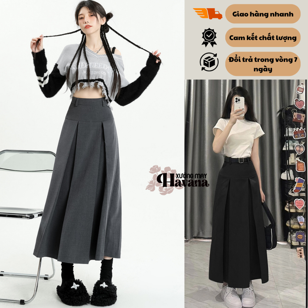 Chân váy xếp ly dáng dài (90cm) mặc được 2 mặt trước và sau, Chất Vtex Loại 1 (CV01)