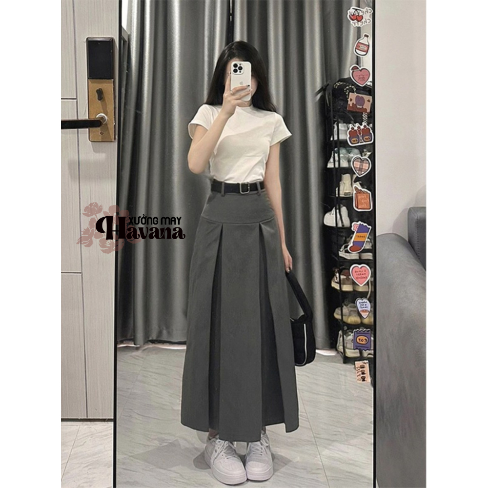 Chân váy xếp ly dáng dài (90cm) mặc được 2 mặt trước và sau, Chất Vtex Loại 1 (CV01)