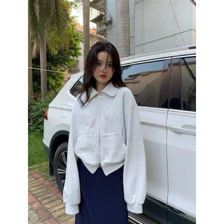 Áo Khoác Nỉ Nữ Cổ Bẻ Khoá 2 Đầu Dáng Rộng Phong Cách Hàn Quốc, Áo Khoác Thu Đông Nữ Hoodie zip Hai Đầu