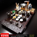 Bàn trà điện thông minh gỗ tự nhiên - Bộ bàn trà điện tử giá rẻ trạm hoa màu cánh gián ấm chén gốm sứ chữ thư pháp — ảnh 2