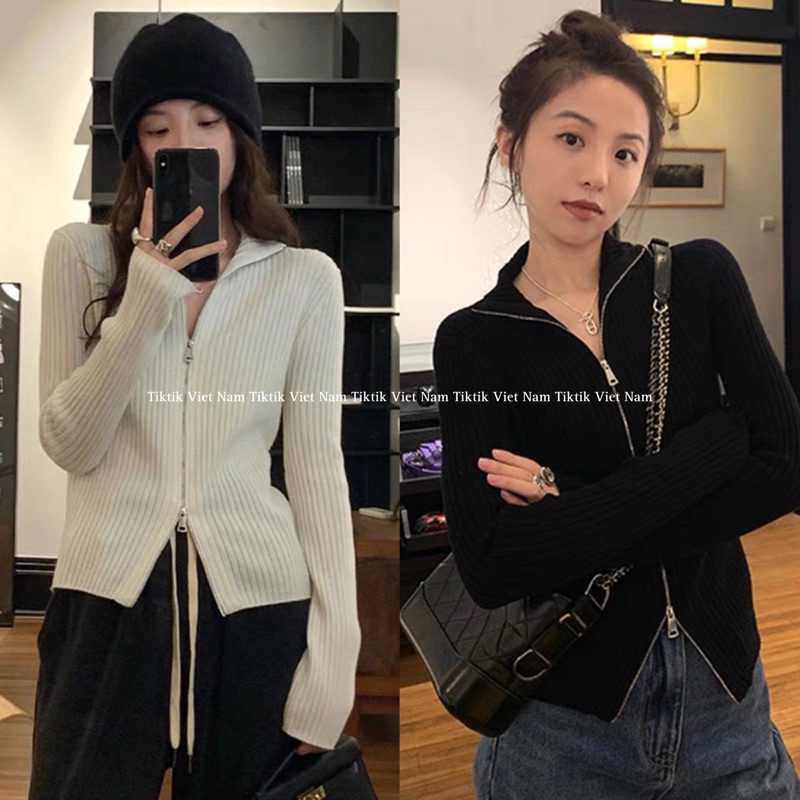(Sẵn) Áo khoác len cardigan khoá zip 2 chiều  mùa thu đông thời trang nữ phong cách cá tính CDG003 - Tiktik