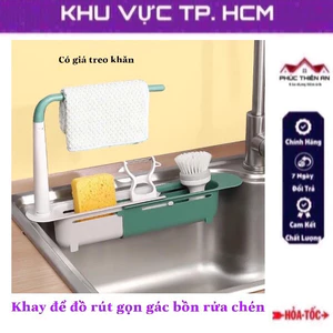 Khay để đồ rút gọn gác bồn rửa chén, bát có giá treo khăn - tiện dụng, đa năng