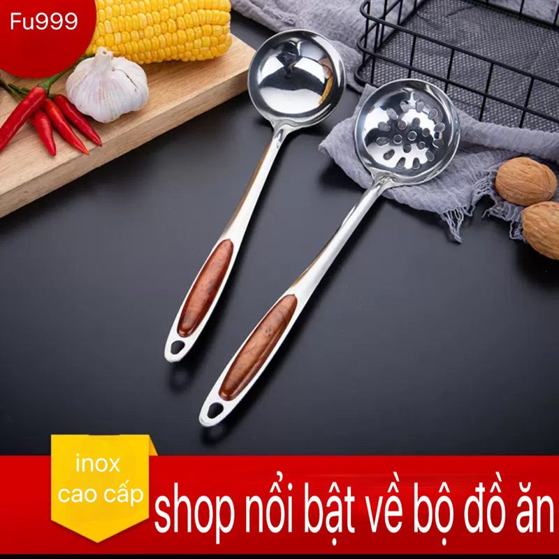 sét 2 muôi inox ăn lẩu, muôi múc canh cán nhựa, thìa lỗ nhúng lẩu cao ...
