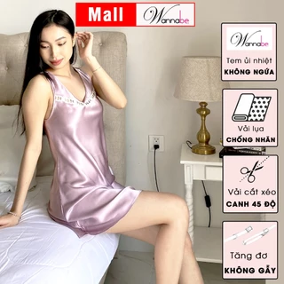Đầm ngủ lụa satin cao cấp WANNABE váy ngủ nữ bản vai 4cm cổ tim phối ren đơn giản trang nhã DNS68
