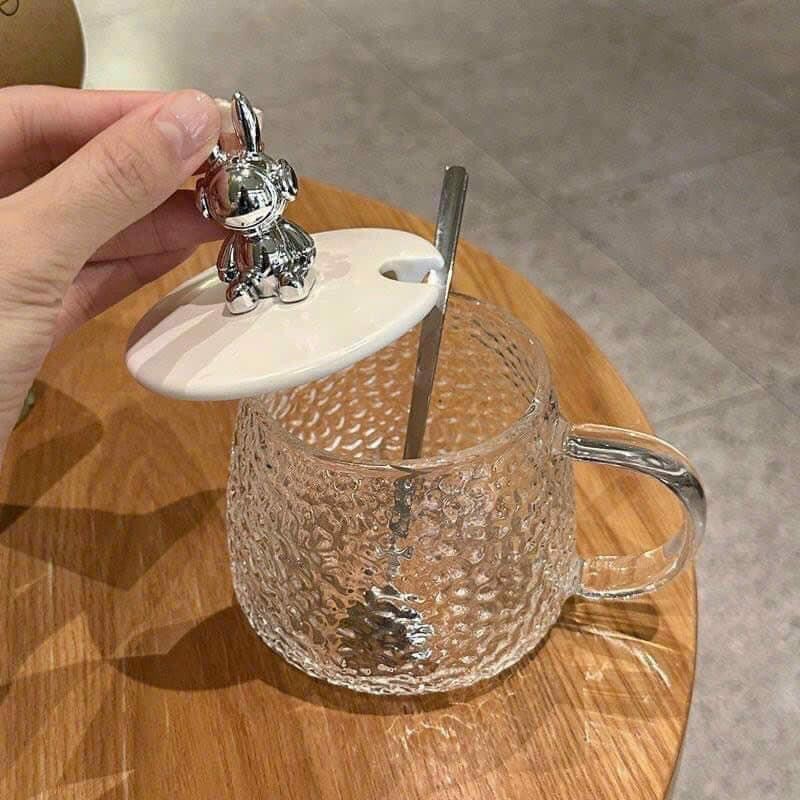 Cốc Thủy Tinh Nắp Gấu Bear Chịu Nhiệt 500ml -Tặng Kèm Thìa,  Ly Thủy Tinh Chiu Nhiệt Lên Tới 150 Độ