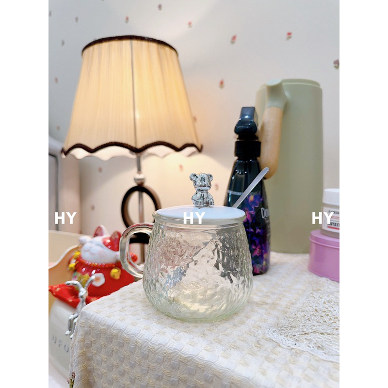 Cốc Thủy Tinh Nắp Gấu Bear Chịu Nhiệt 500ml -Tặng Kèm Thìa,  Ly Thủy Tinh Chiu Nhiệt Lên Tới 150 Độ