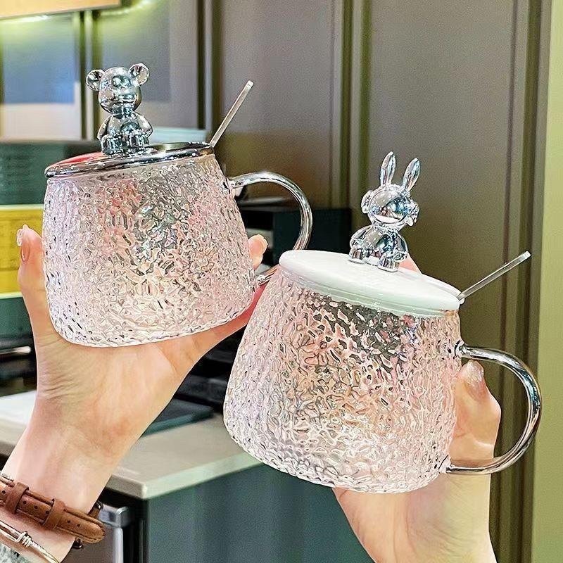 Cốc Thủy Tinh Nắp Gấu Bear Chịu Nhiệt 500ml -Tặng Kèm Thìa,  Ly Thủy Tinh Chiu Nhiệt Lên Tới 150 Độ