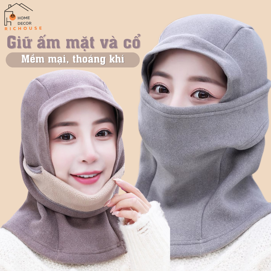 Mũ trùm đầu giữ nhiệt, mặt nạ che mặt chống gió thời tiết lạnh, chất liệu nỉ lót lông ấm áp mùa đông