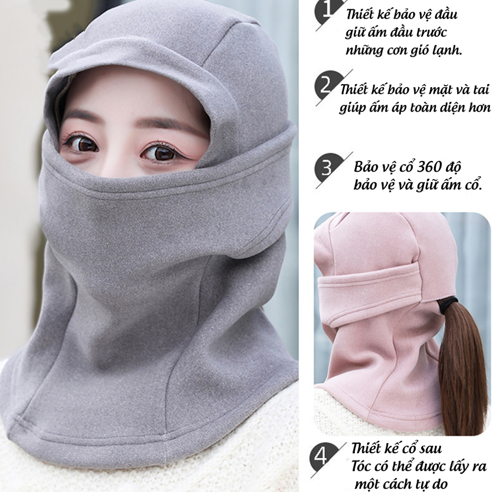 Mũ trùm đầu giữ nhiệt, mặt nạ che mặt chống gió thời tiết lạnh, chất liệu nỉ lót lông ấm áp mùa đông