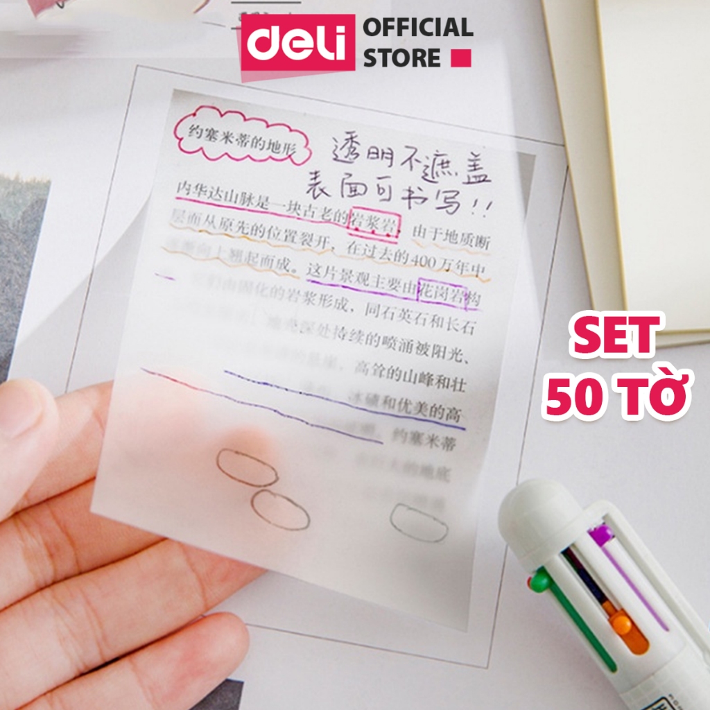 Set 50 Giấy Note Deli Trong Suốt Chống Nước Giấy Ghi Nhớ Ghi Chú Có Keo Dính Chắc Cho Học Sinh Văn Phòng