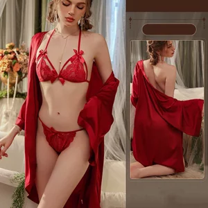 Set đồ lót ren nơ kèm áo choàng lụa đai thắt eo sang chảnh gợi cảm