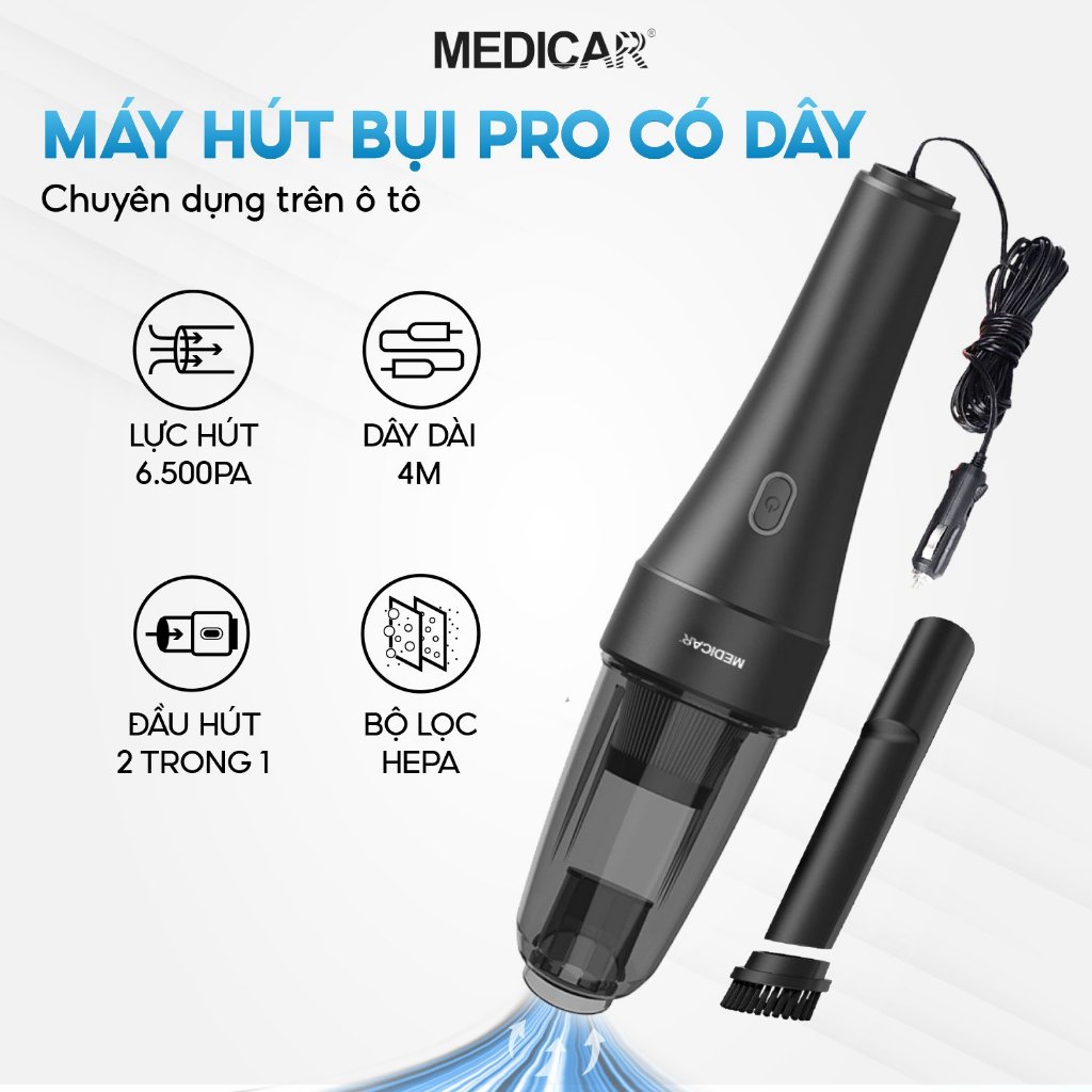 Máy hút bụi Ô tô MEDICAR cầm tay – Lực hút mạnh 6500PA, bảo hành 1 đổi 1 12 tháng, cắm tẩu sạc xe hơi