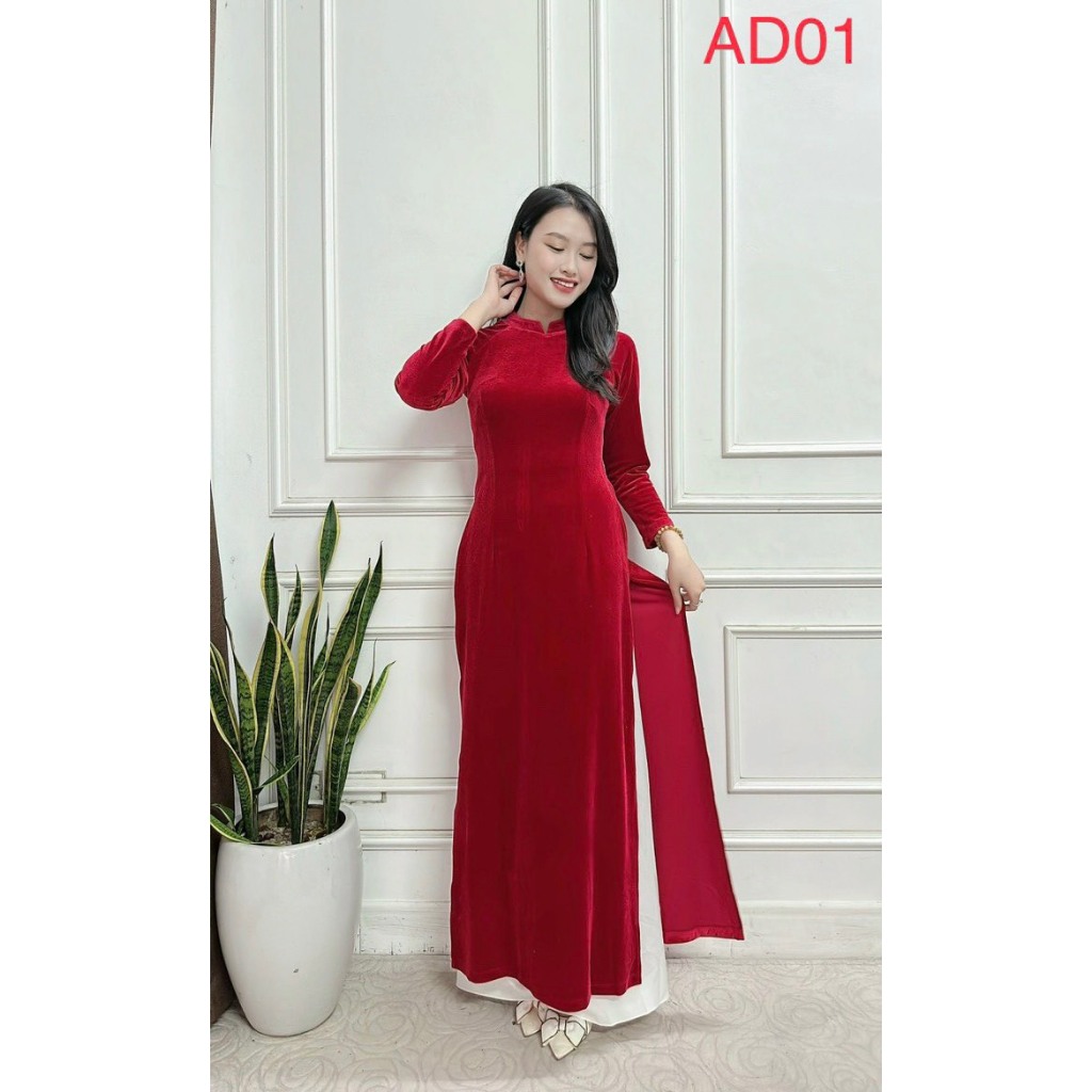 Áo Dài Truyền Thống Cho Mẹ Nữ Trung Niên Màu Trơn 2 Tà Nhung Tuyết Mềm Mịn Co Giãn May Sẵn Cổ Cao 2cm Thăng Long AD
