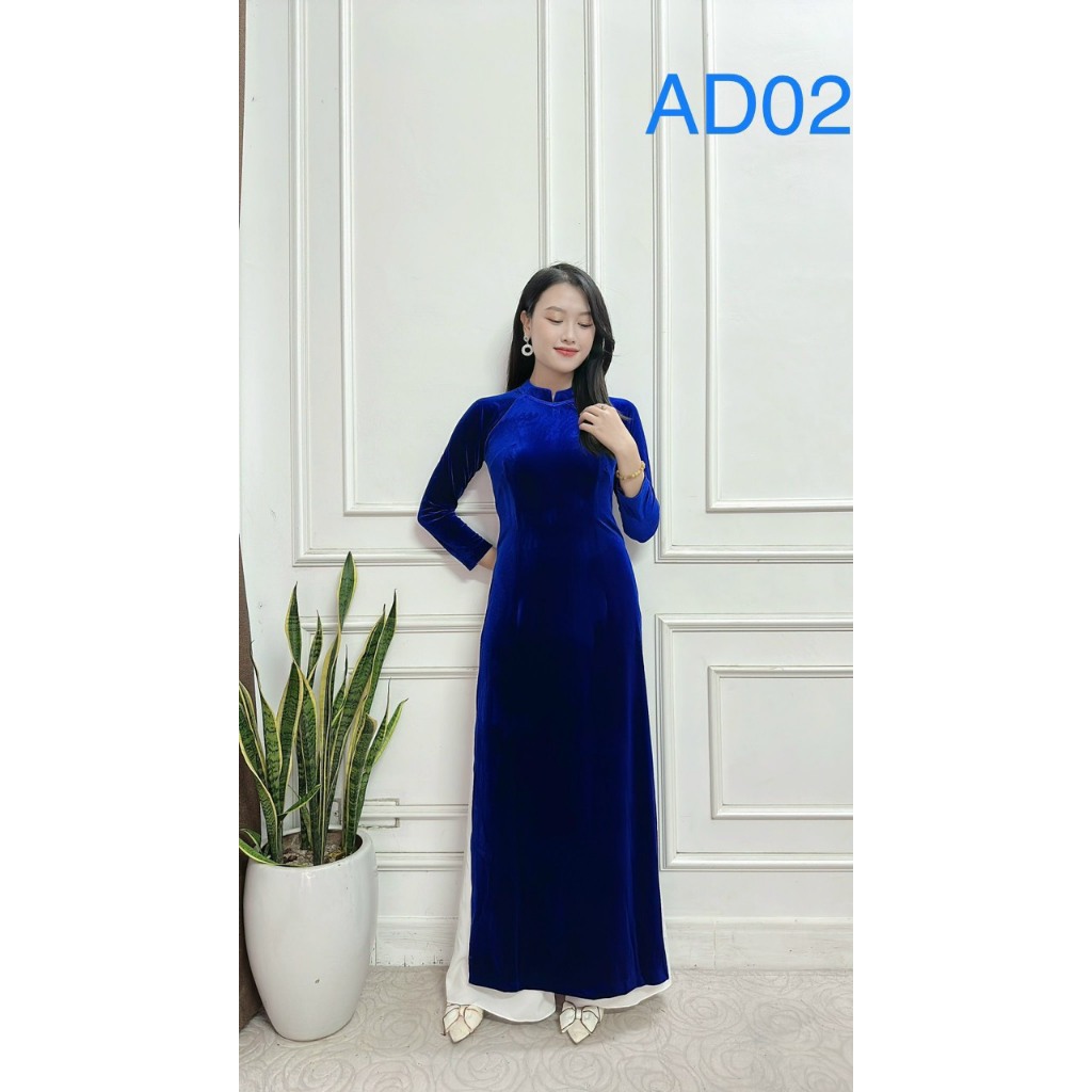 Áo Dài Truyền Thống Cho Mẹ Nữ Trung Niên Màu Trơn 2 Tà Nhung Tuyết Mềm Mịn Co Giãn May Sẵn Cổ Cao 2cm Thăng Long AD