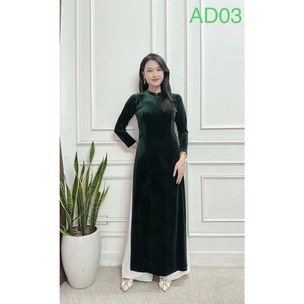 Áo Dài Truyền Thống Cho Mẹ Nữ Trung Niên Màu Trơn 2 Tà Nhung Tuyết Mềm Mịn Co Giãn May Sẵn Cổ Cao 2cm Thăng Long AD
