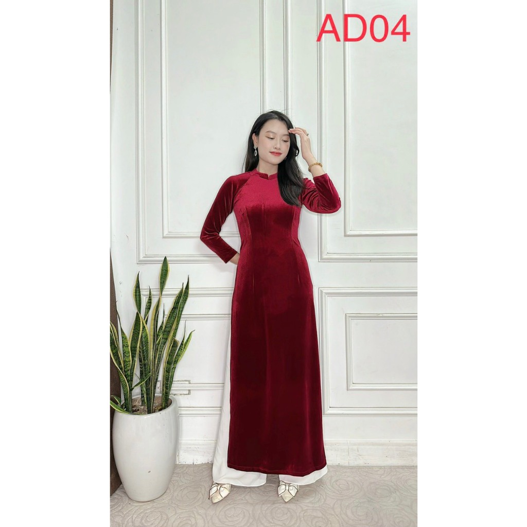 Áo Dài Truyền Thống Cho Mẹ Nữ Trung Niên Màu Trơn 2 Tà Nhung Tuyết Mềm Mịn Co Giãn May Sẵn Cổ Cao 2cm Thăng Long AD